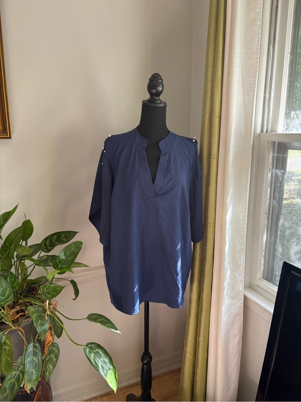 Women's Navy Split-Neck Tunic with Pearl Shoulder Detail